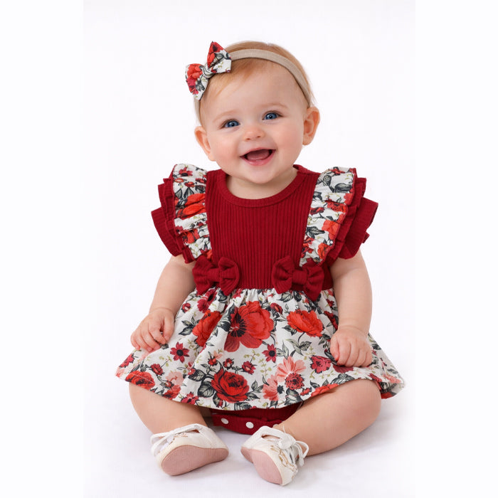 Vestido Recem Nascido Macaquinho Vestido Bebê Malha Canelada Estampa Floral com Babados e Laços