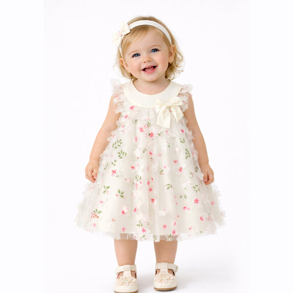 Vestido Bebê Menina Batizado Sem Manga Saia de Tule com Bordado Floral