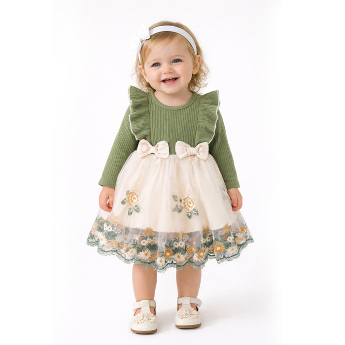 Vestido Bebê Menina Manga Longa Malha Canelada com Babados + Saia de Tule Bordado Floral