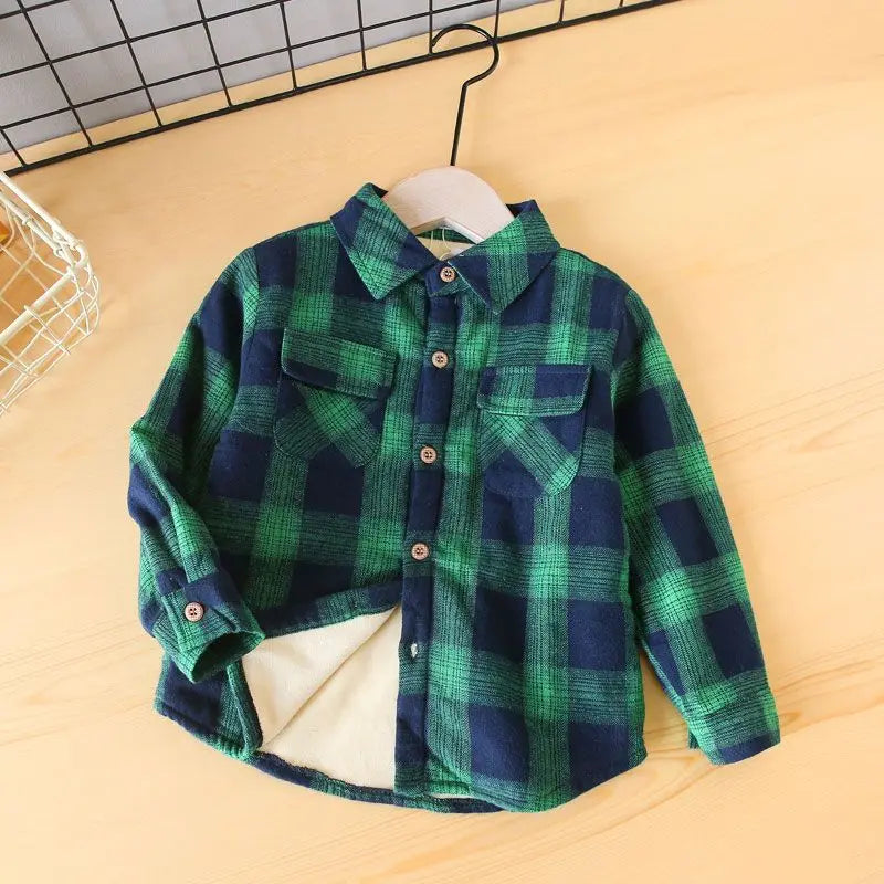 Camisa Xadrez Infantil  Manga Longa com Botões e Bolsos Frontais