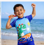 Conjunto Praia Infantil Menino Camiseta de Banho Manga Curta Estampada e Short de Banho