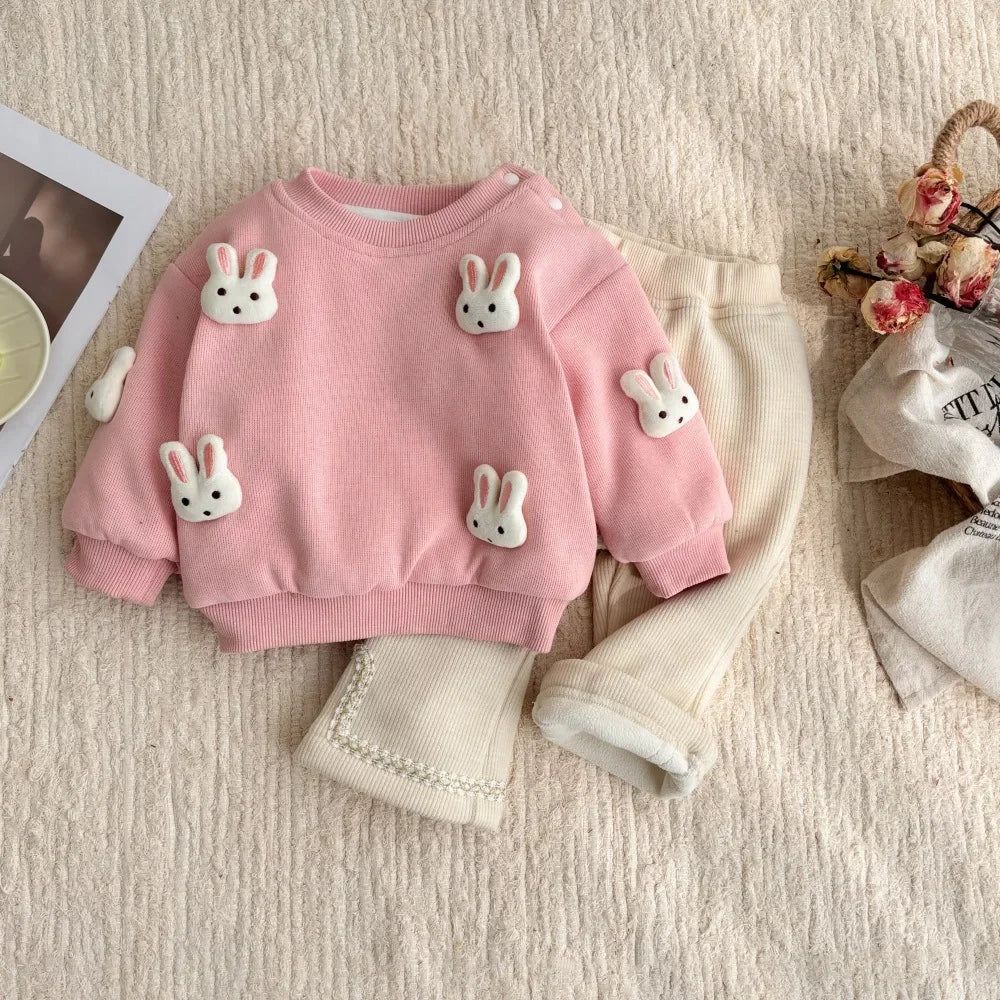 Conjunto Bebê menina 2 Peças Blusa Manga Longa com Aplique Coelhinho e Calça Comprida
