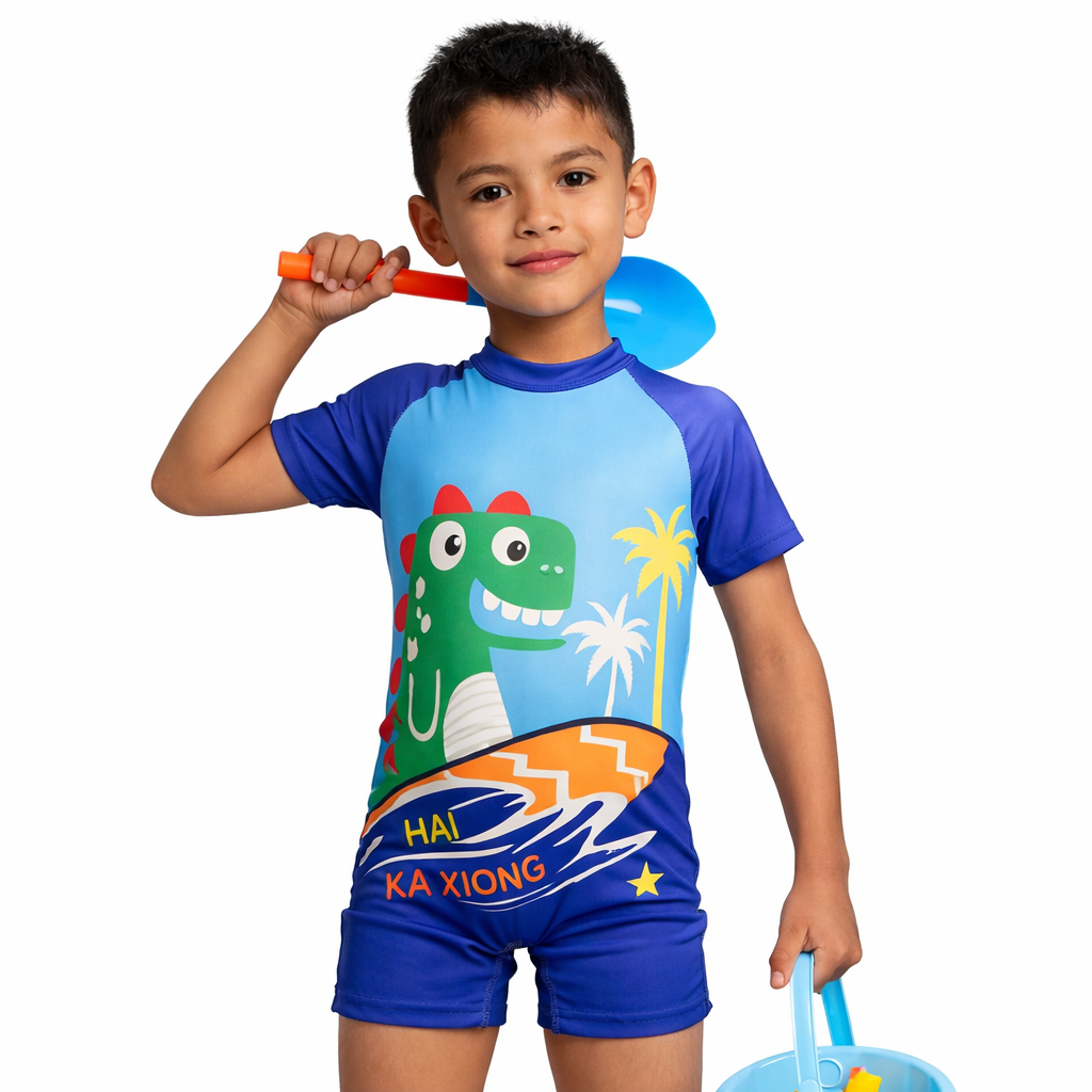 Conjunto Praia Infantil Menino Camiseta de Banho Manga Curta Estampada e Short de Banho