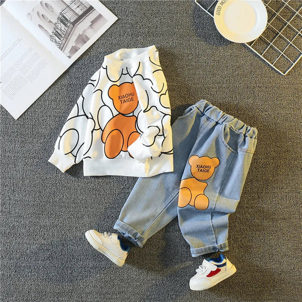 Conjunto Infantil 2 Peças Blusa Manga Longa Estampa Ursinho + Calça Jeans