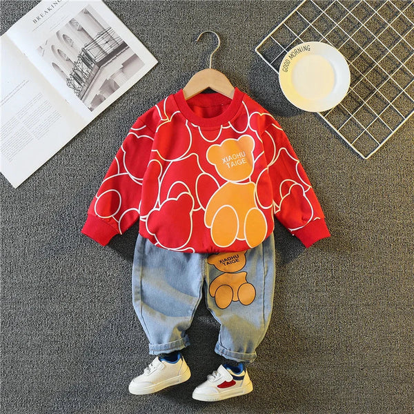 Conjunto Infantil 2 Peças Blusa Manga Longa Estampa Ursinho + Calça Jeans