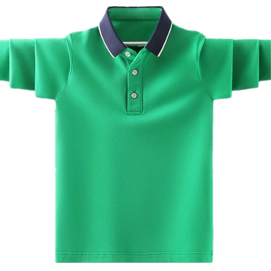 Camisa Polo Infantil Manga Longa Lisa com Gola Contrastante e Botões