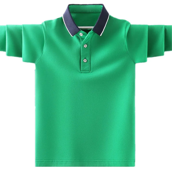 Camisa Polo Infantil Manga Longa Lisa com Gola Contrastante e Botões