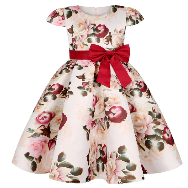 Vestido Infantil Menina Estampa Floral Manga Curta com Faixa e Laço na Cintura Saia Rodada