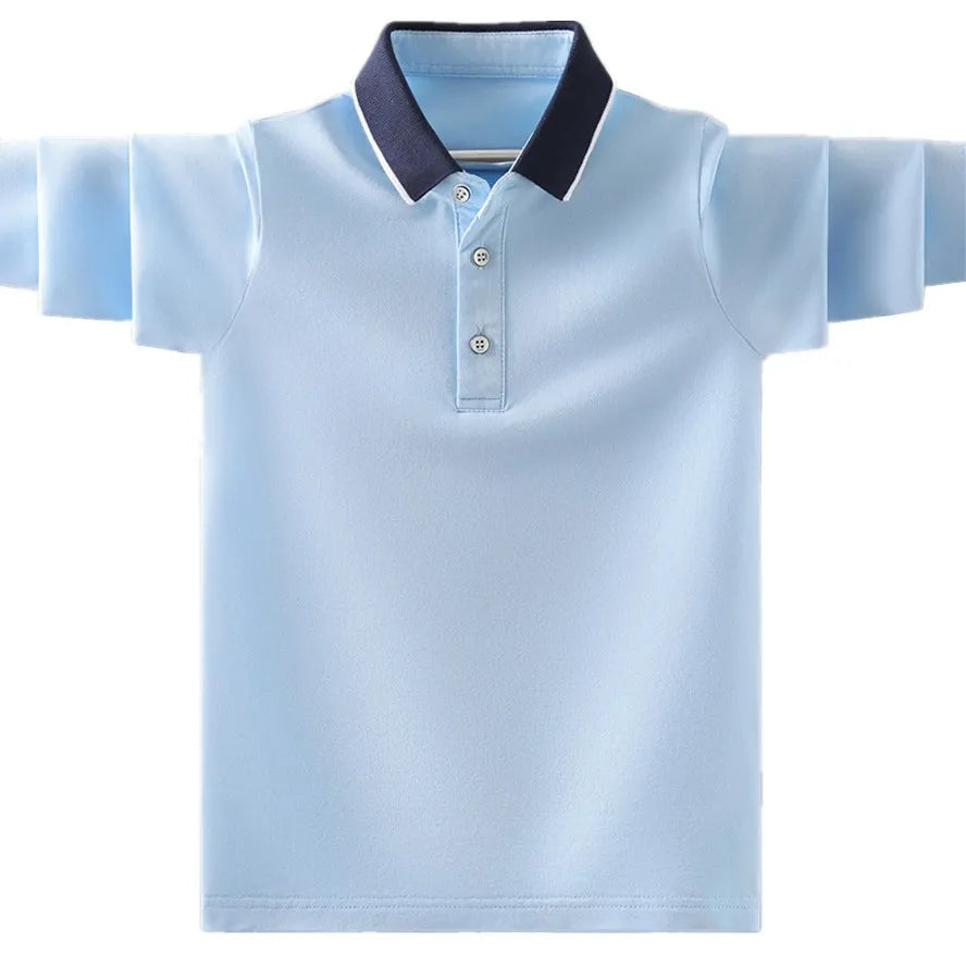 Camisa Polo Infantil Manga Longa Lisa com Gola Contrastante e Botões