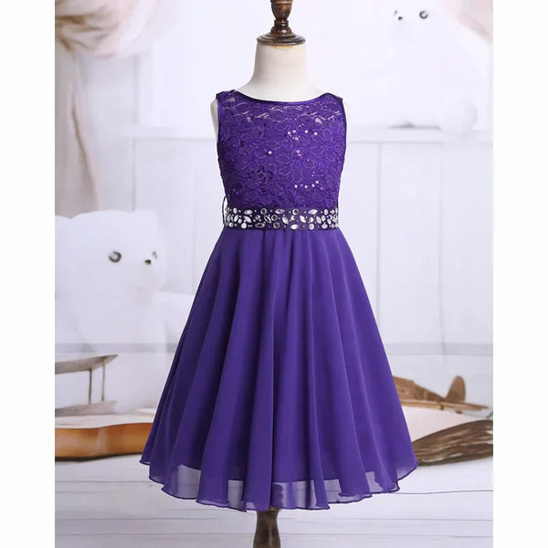 Vestido Infantil Menina de Festa com Corpete em Renda e Cintura com Pedrarias Saia Rodada
