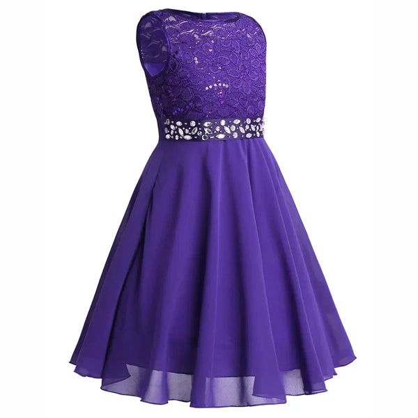 Vestido Infantil Menina de Festa com Corpete em Renda e Cintura com Pedrarias Saia Rodada