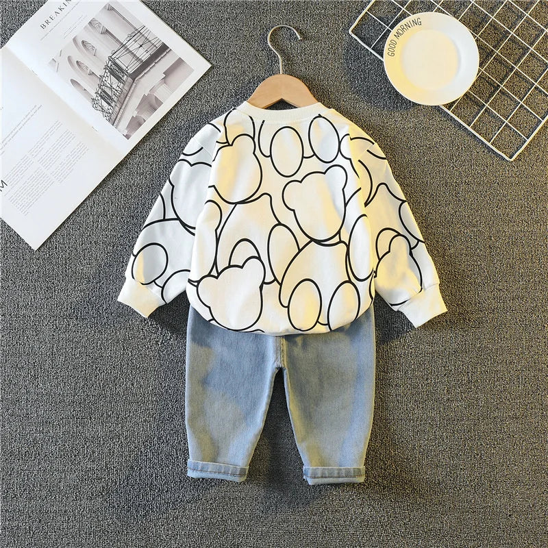 Conjunto Infantil 2 Peças Blusa Manga Longa Estampa Ursinho + Calça Jeans