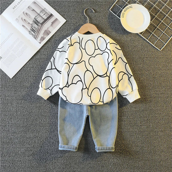 Conjunto Infantil 2 Peças Blusa Manga Longa Estampa Ursinho + Calça Jeans