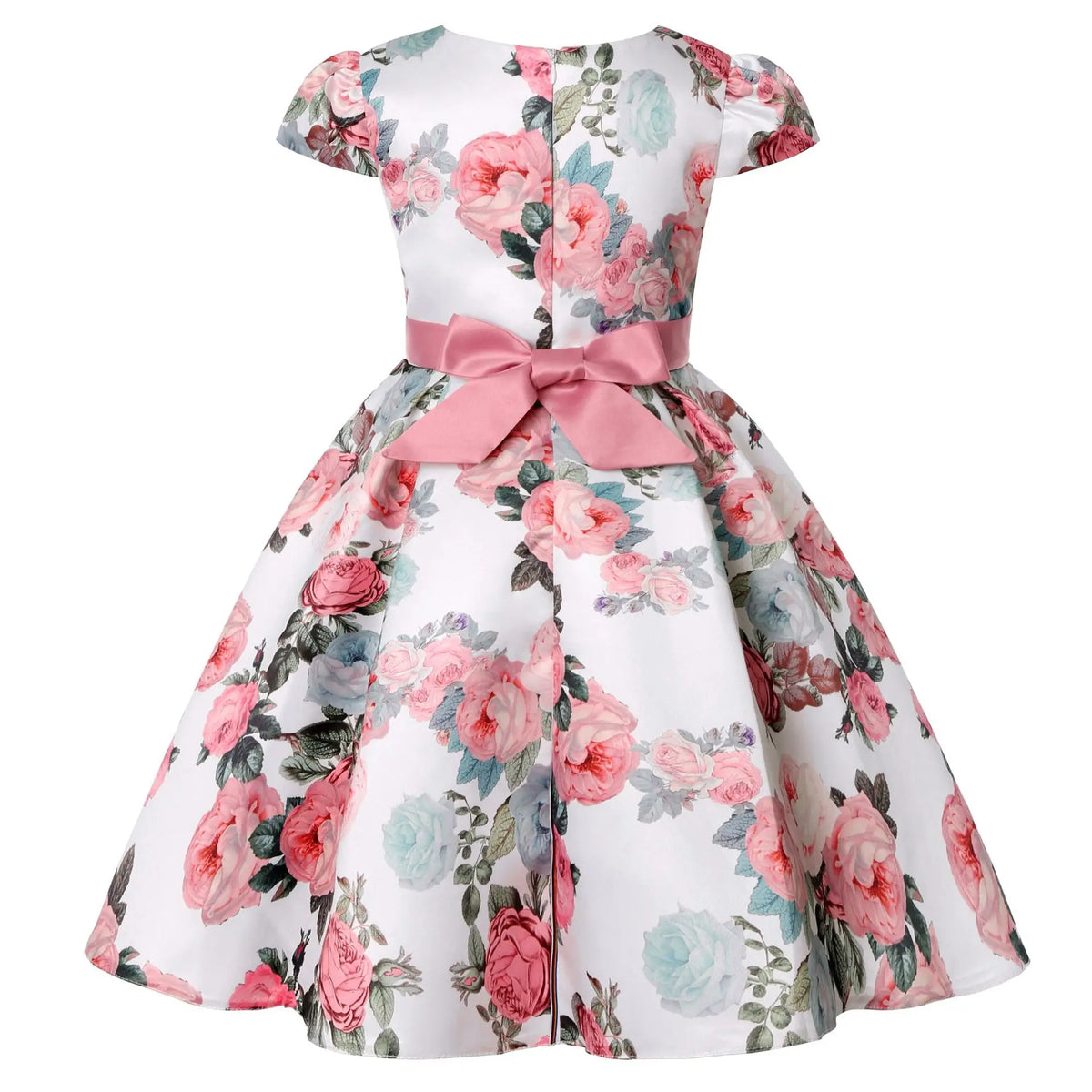 Vestido Infantil Menina Estampa Floral Manga Curta com Faixa e Laço na Cintura Saia Rodada