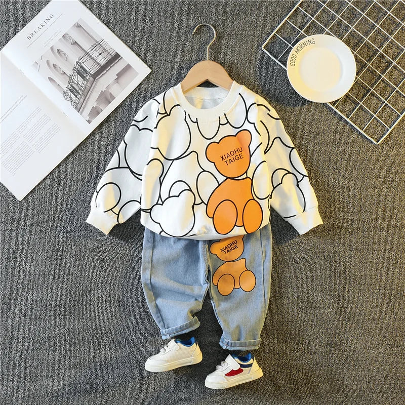 Conjunto Infantil 2 Peças Blusa Manga Longa Estampa Ursinho + Calça Jeans