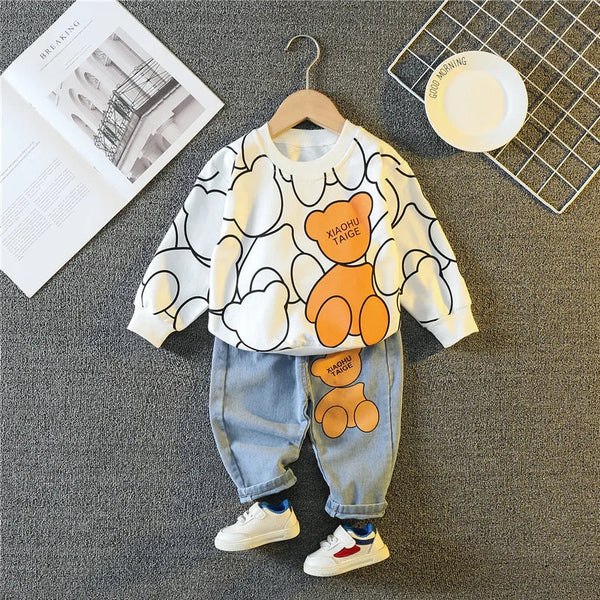 Conjunto Infantil 2 Peças Blusa Manga Longa Estampa Ursinho + Calça Jeans