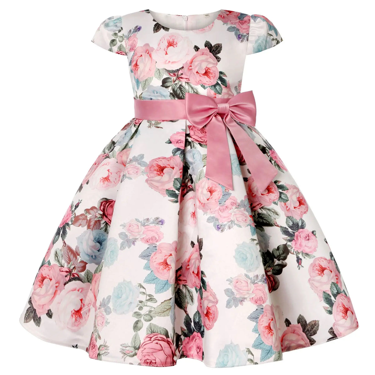 Vestido Infantil Menina Estampa Floral Manga Curta com Faixa e Laço na Cintura Saia Rodada