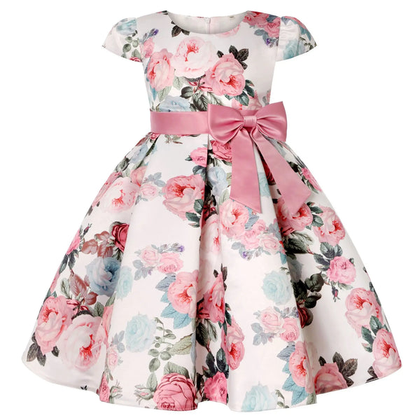 Vestido Infantil Menina Estampa Floral Manga Curta com Faixa e Laço na Cintura Saia Rodada