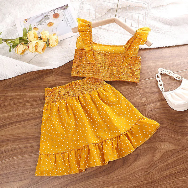 Conjunto Infantil Menina Cropped Poá com Detalhe Franzido + Saia com Babados 2 Peça