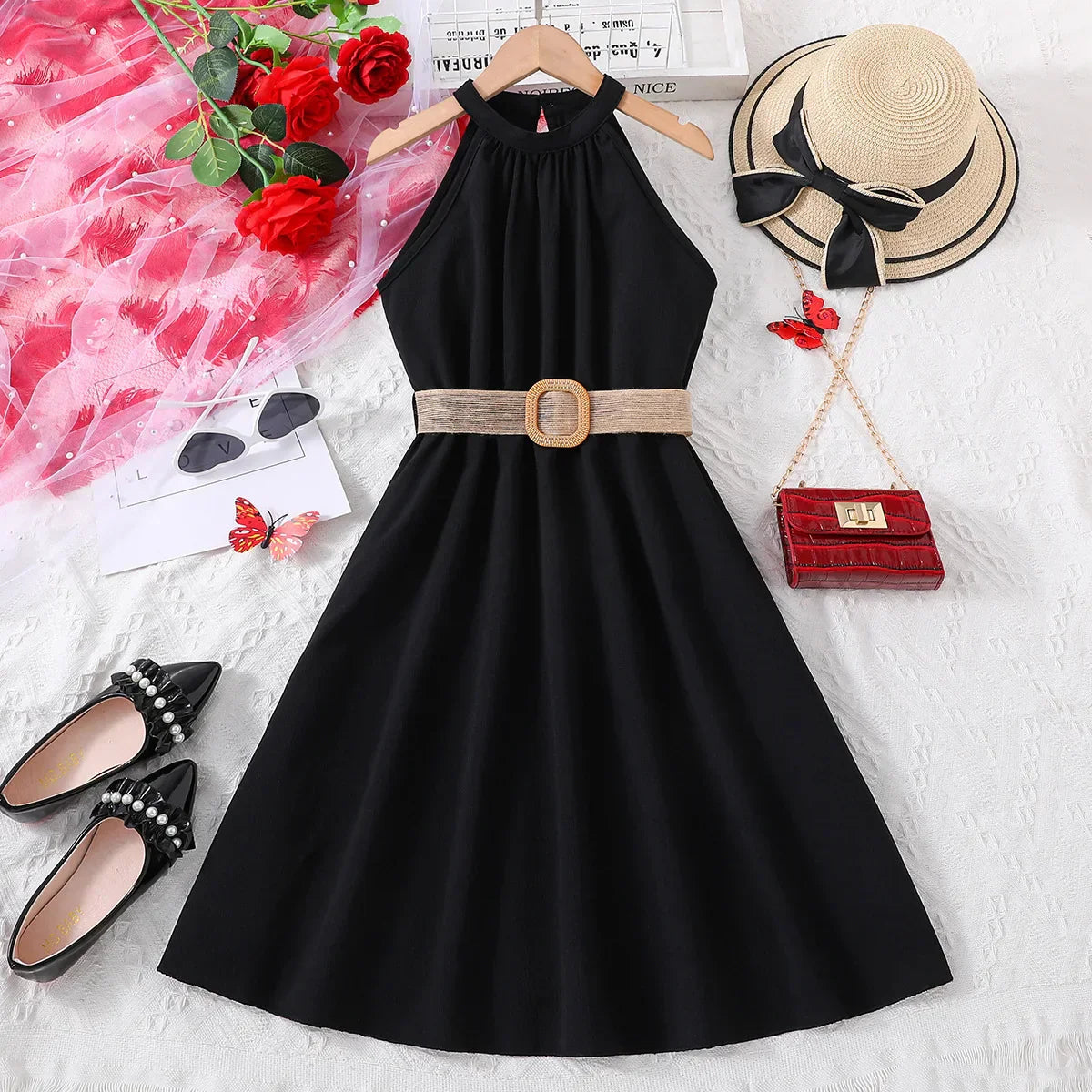 Vestido Infantil Menina Gola Halter Sem Manga com Cinto e Saia Evasê