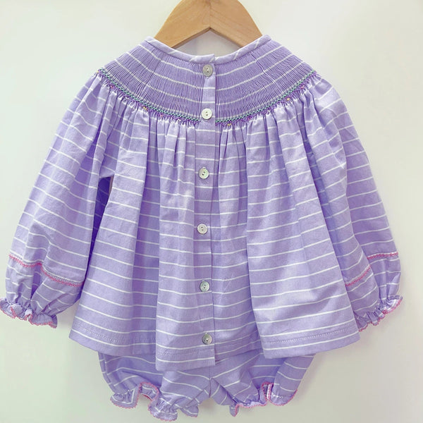 Conjunto Bebê Menina 2 Peças Blusa Listrada Lilás com Bordado Floral E Bloomer com Babado