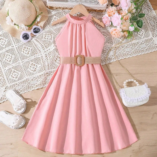 Vestido Infantil Menina Gola Halter Sem Manga com Cinto e Saia Evasê