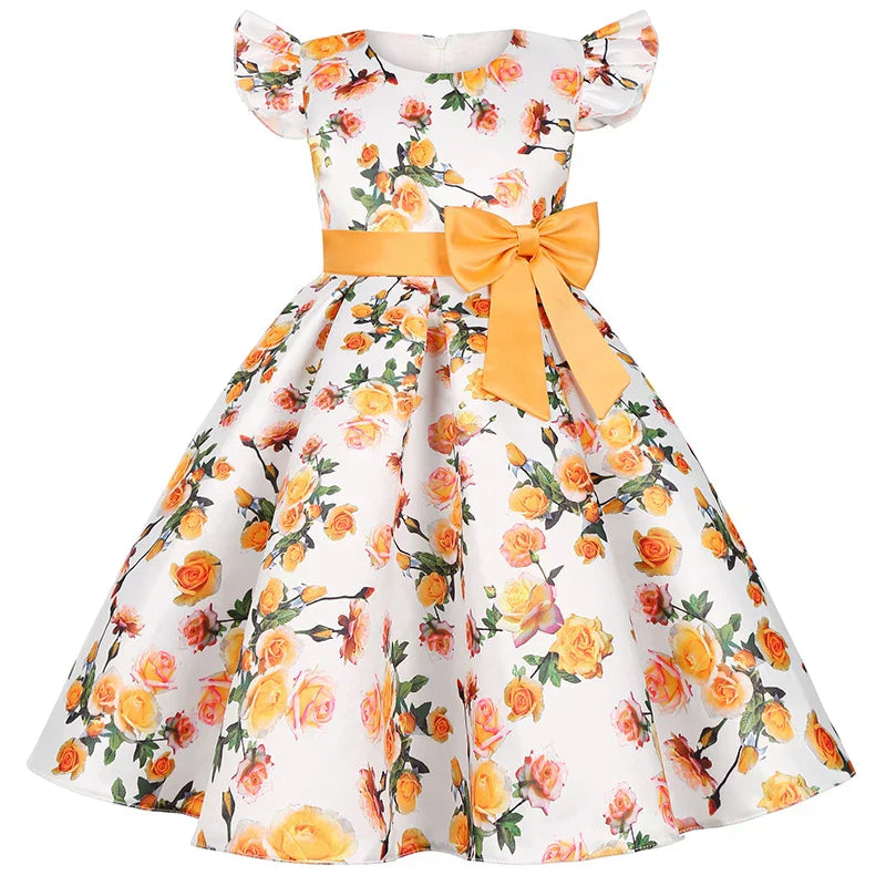 Vestido Infantil Menina de Festa Estampa Floral com Laço na Cintura e Saia Rodada