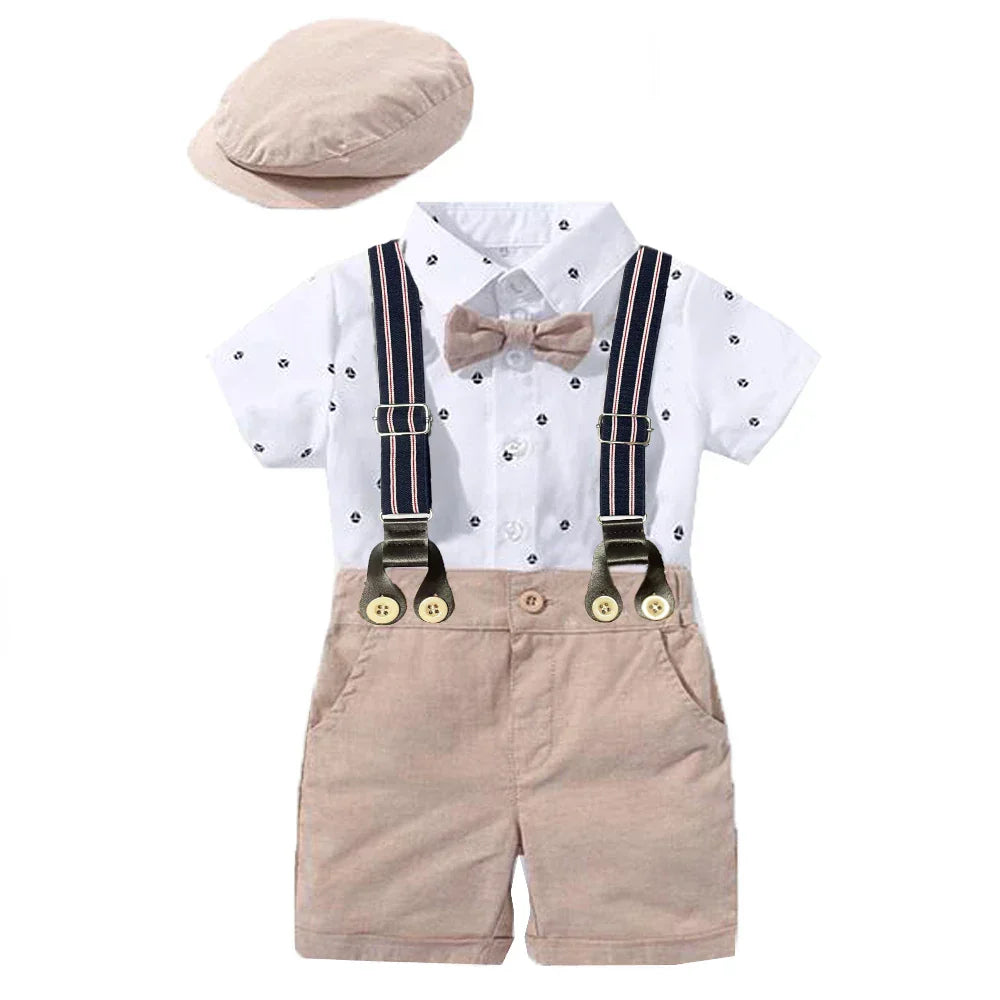 Conjunto Bebê Social com Camisa Manga Curta, Suspensório e Bermuda
