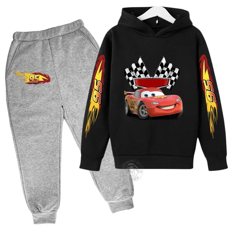 Conjunto Moletom Infantil 2 Peças Blusa com Capuz Estampa Carro de Corrida e Calça Jogger
