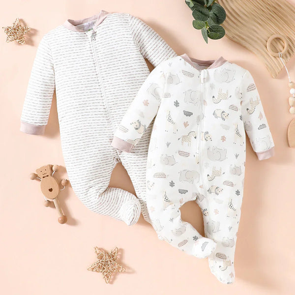 Kit 2 Macacões Bebê com Pezinho Manga Longa e Zíper Frontal Estampado