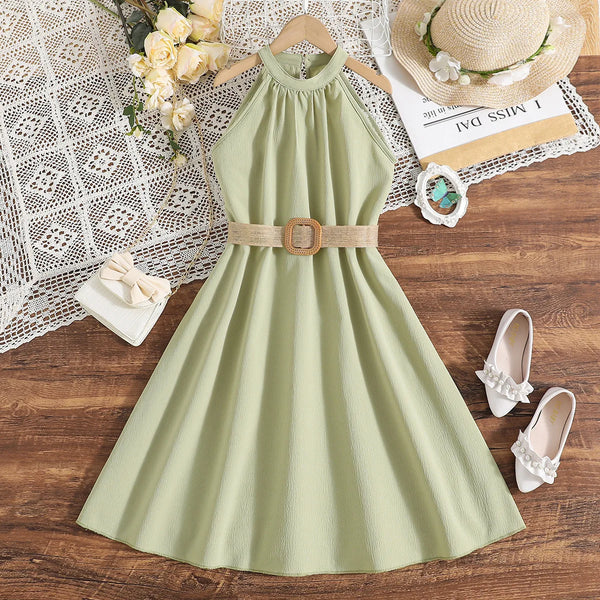 Vestido Infantil Menina Gola Halter Sem Manga com Cinto e Saia Evasê