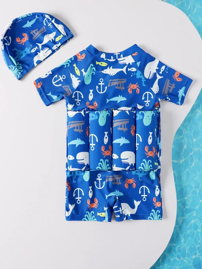 Macacão de Banho Infantil com Flutuadores Integrados Manga Curta Zíper Frontal Estampa Náutica