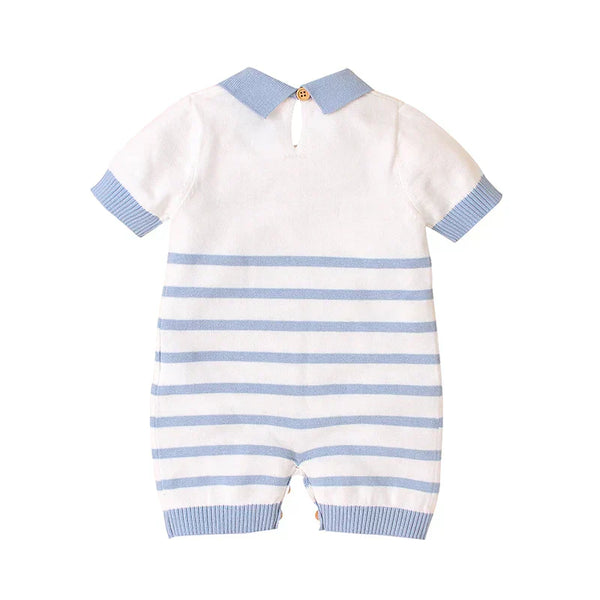 Macacão Bebê Estilo Marinheiro Tricot Azul e Branco com Âncora