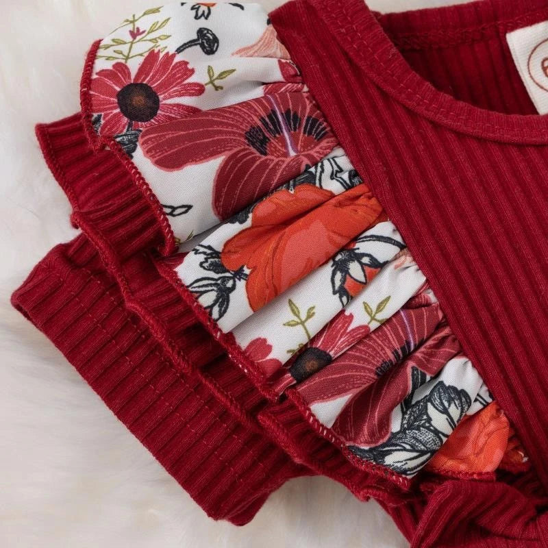 Vestido Recem Nascido Macaquinho Vestido Bebê Malha Canelada Estampa Floral com Babados e Laços