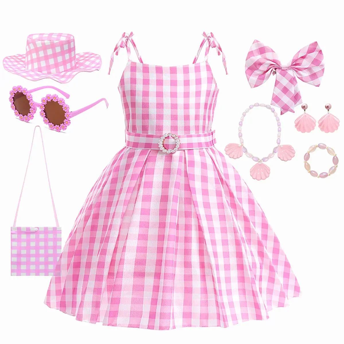 Vestido Infantil Menina Xadrez Vichy Alças com Laço Saia Rodada
