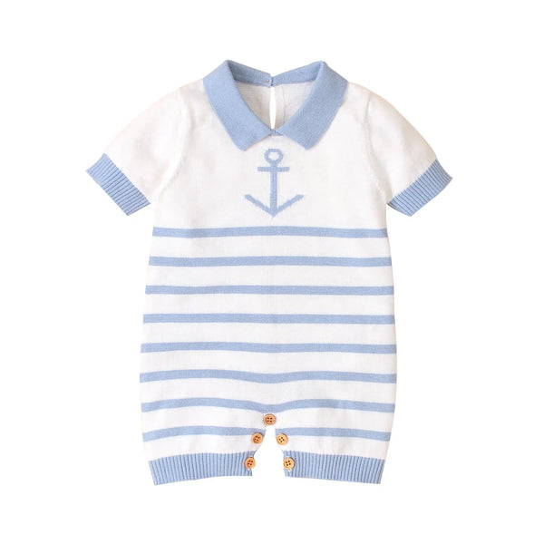 Macacão Bebê Estilo Marinheiro Tricot Azul e Branco com Âncora