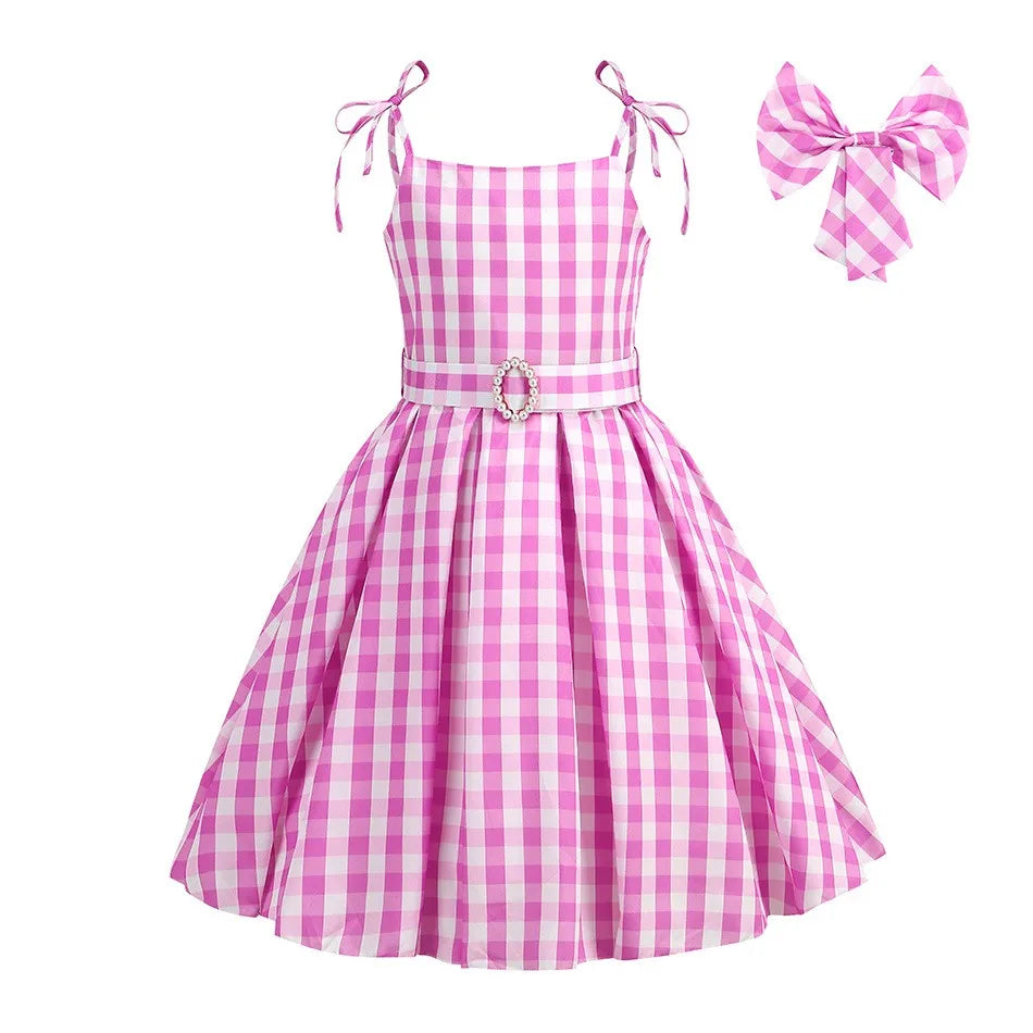 Vestido Infantil Menina Xadrez Vichy Alças com Laço Saia Rodada