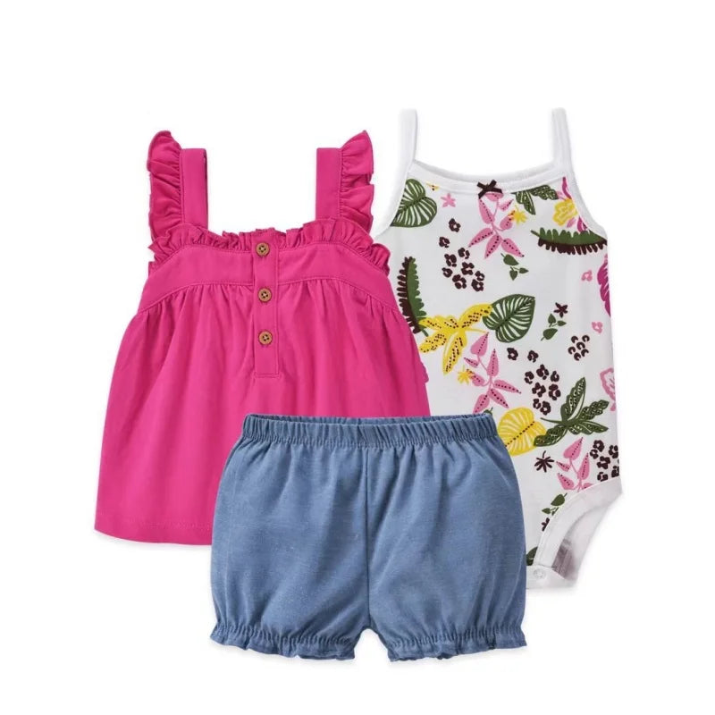 Conjunto Bebê Menina 3 Peças Vestido  com Estampas E Tapa Fralda  E Body  Bordado