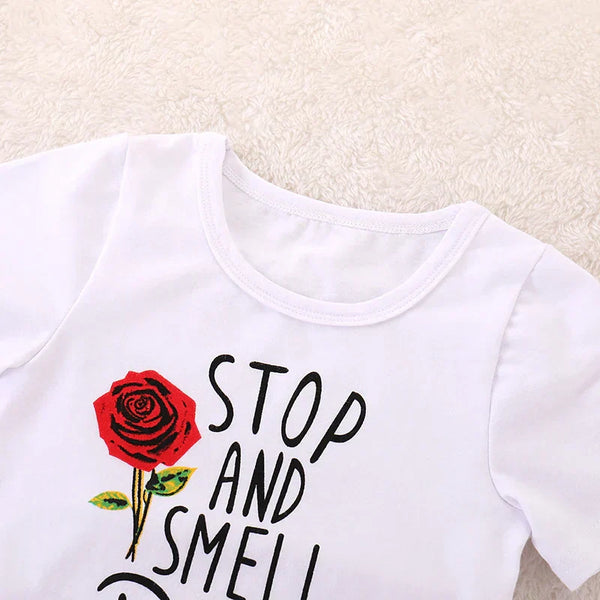 Conjunto Infantil Menina Camiseta Manga Curta Estampa Frase e Rosas + Saia Jeans 2 Peças