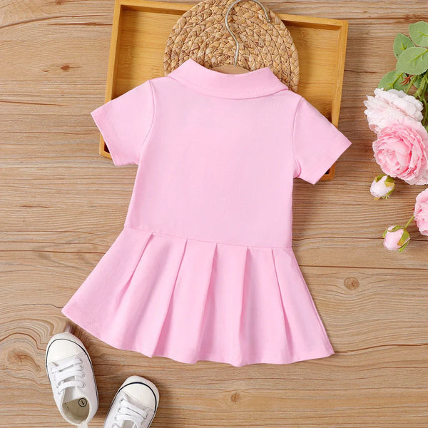 Vestido Bebê Menina Gola Polo Manga Curta Saia Plissada com Botões Rosa