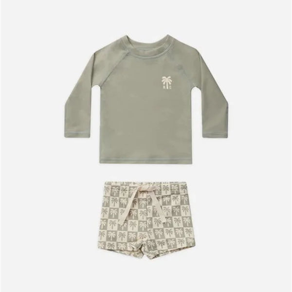 Conjunto Praia Infantil 2 Peças Camiseta Manga Longa e Short de Banho Listrado