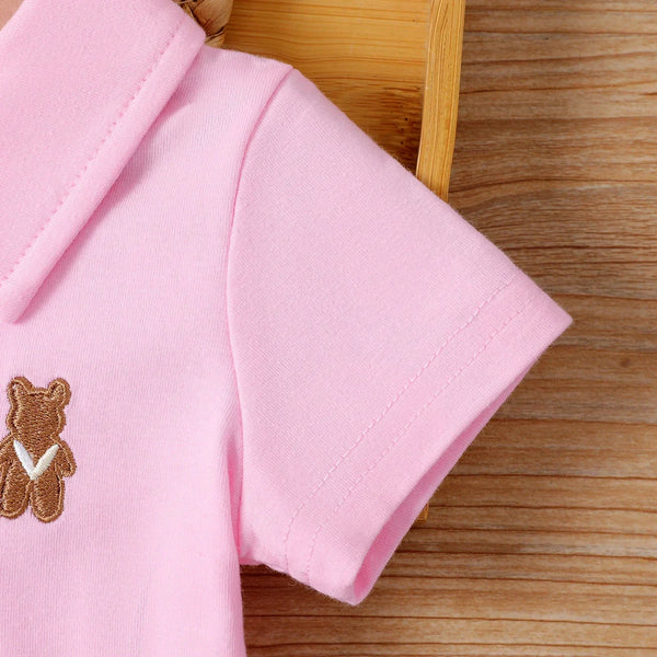 Vestido Bebê Menina Gola Polo Manga Curta Saia Plissada com Botões Rosa