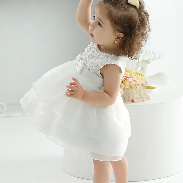 Vestido Menina Batizado Renda com Laço e Saia Rodada