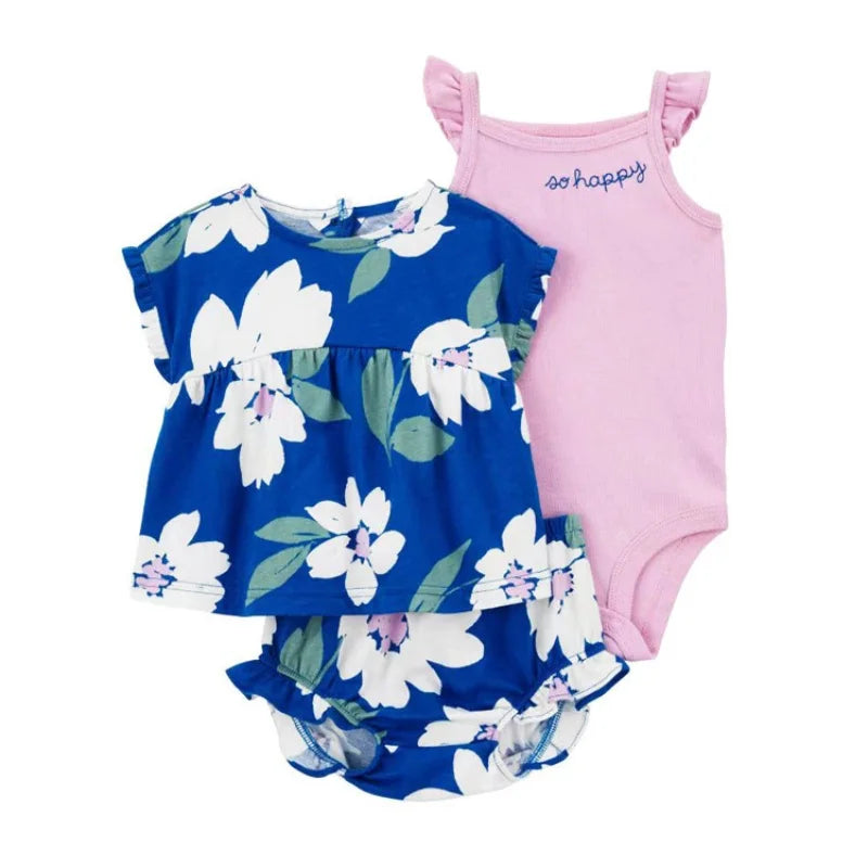 Conjunto Bebê Menina 3 Peças Vestido  com Estampas E Tapa Fralda  E Body  Bordado