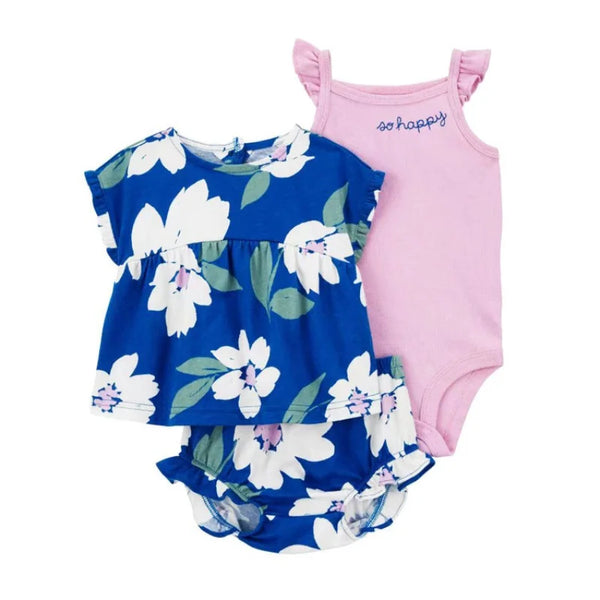 Conjunto Bebê Menina 3 Peças Vestido  com Estampas E Tapa Fralda  E Body  Bordado