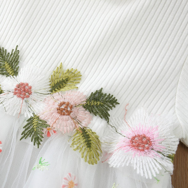 Vestido Bebê Menina Manga Curta Corpo Canelado Saia de Tule Bordado Floral