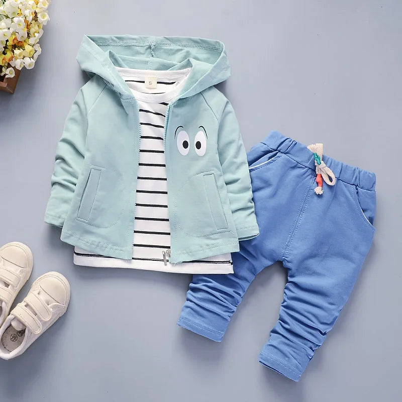 Conjunto Infantil Moleton 3 Peças Casaco com Capuz Camiseta Listrada e Calça