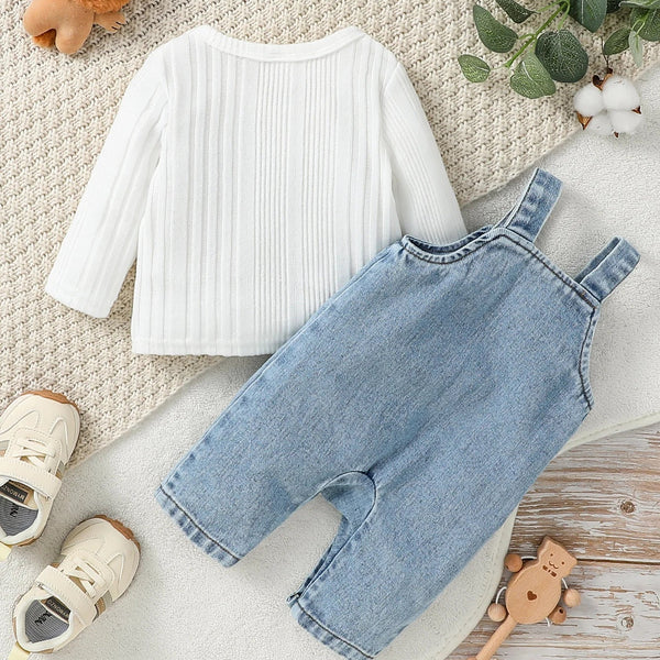 Macacão Bebê  Menino Jardineira Jeans c/ Body Manga Longa