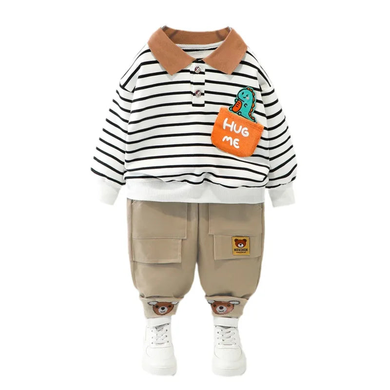 Conjunto Infantil Menino 2 Peças Blusa Polo Manga Longa Listrada  + Calça Cargo Bege