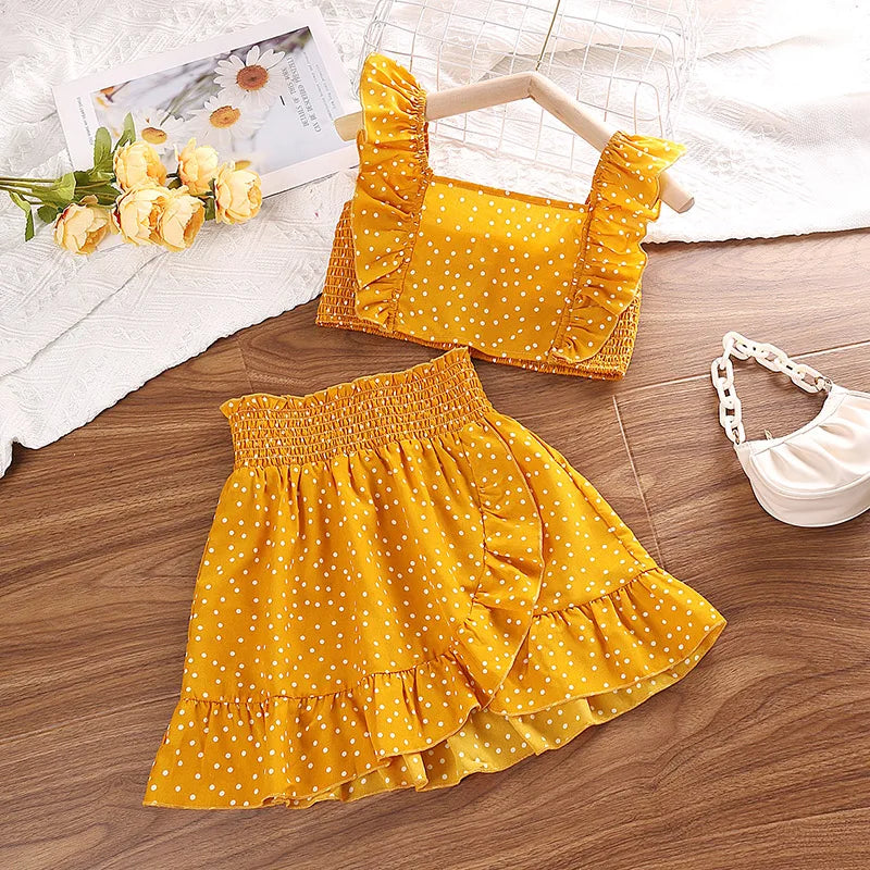Conjunto Infantil Menina Cropped Poá com Detalhe Franzido + Saia com Babados 2 Peça